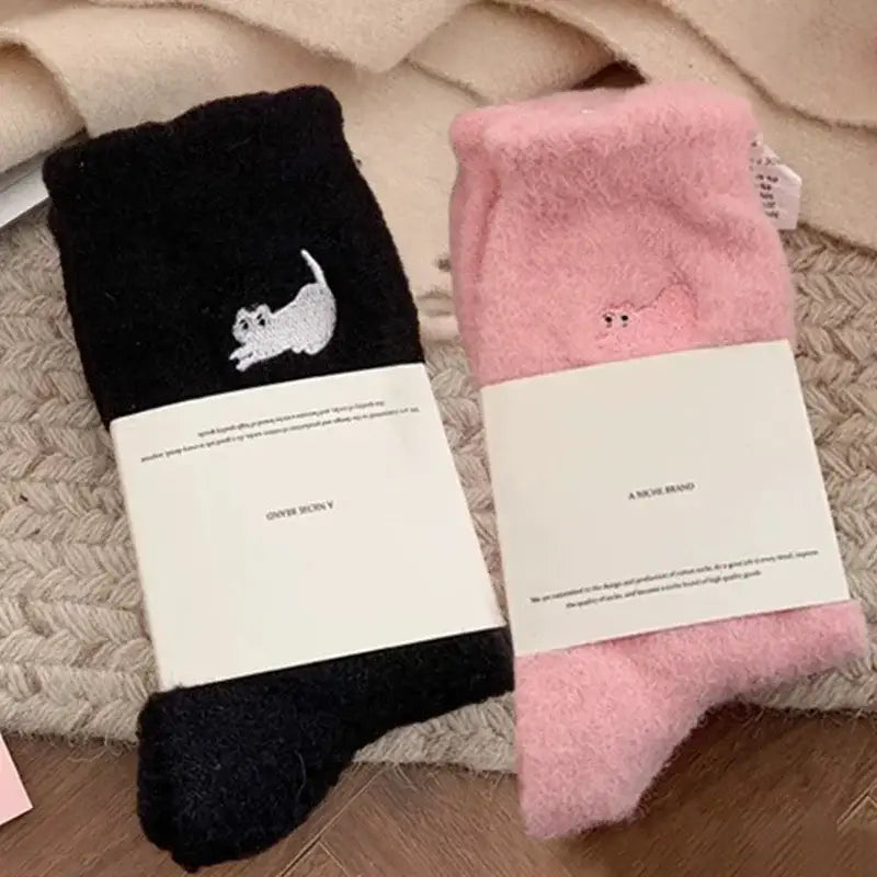 3Pairs Premium Feel Cute Cat Cozy Hairy Mink Velvet Socks Autumn Winter Hosiery Thickened Plush Warm Sleep Home Fluffy