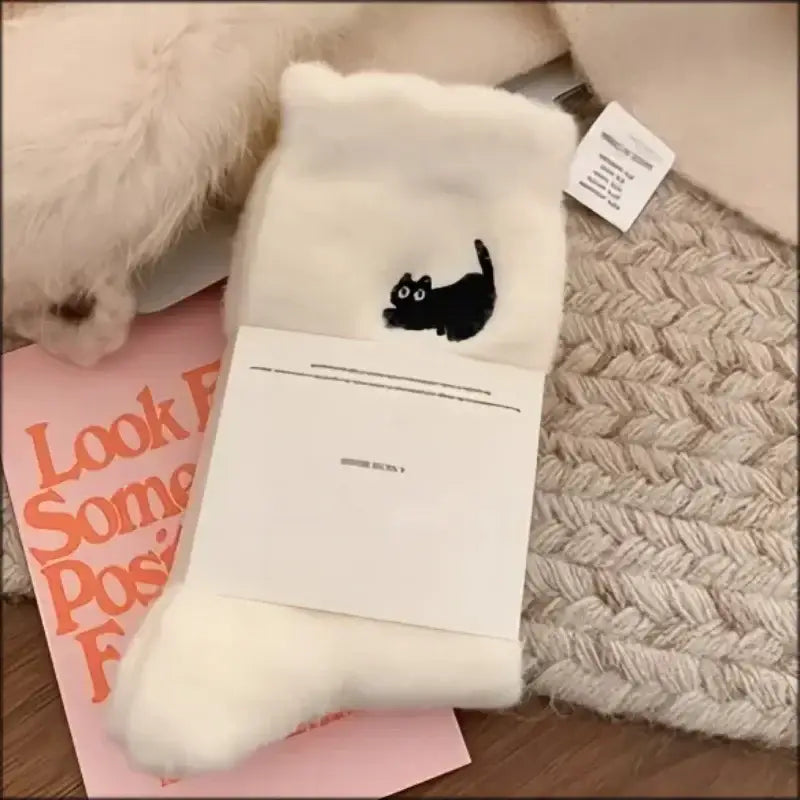 3Pairs Premium Feel Cute Cat Cozy Hairy Mink Velvet Socks Autumn Winter Hosiery Thickened Plush Warm Sleep Home Fluffy