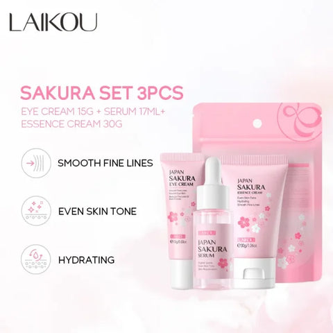 3pcs LAIKOU Vitamin C 24K Golden Sakura Skin Care Set – Face Cream Serum & Eye Cream for Moisturizing & Anti-Wrinkles