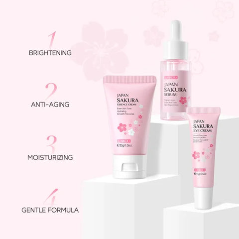 3pcs LAIKOU Vitamin C 24K Golden Sakura Skin Care Set – Face Cream Serum & Eye Cream for Moisturizing & Anti-Wrinkles
