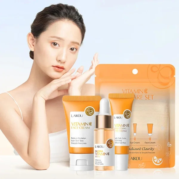 3pcs LAIKOU Vitamin C 24K Golden Sakura Skin Care Set – Face Cream Serum & Eye Cream for Moisturizing & Anti-Wrinkles