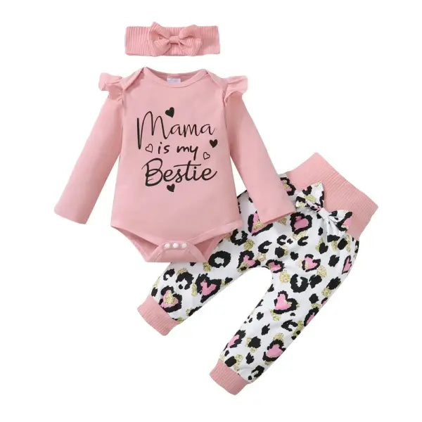 3PCS Baby Girl Autumn Outfit – Mama Print Long Sleeve Romper Love Heart Pants & Headband Set - F112205456 / 0-3M