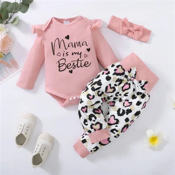3PCS Baby Girl Autumn Outfit – Mama Print Long Sleeve Romper Love Heart Pants & Headband Set