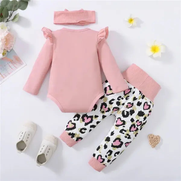 3PCS Baby Girl Autumn Outfit – Mama Print Long Sleeve Romper Love Heart Pants & Headband Set