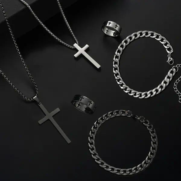 3PCS Men’s Jewelry Set – Stainless Steel Cross Pendant Necklace Bracelet & Ring Hip Hop Daily Wear