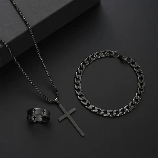 3PCS Men’s Jewelry Set – Stainless Steel Cross Pendant Necklace Bracelet & Ring Hip Hop Daily Wear - 6081001JCF