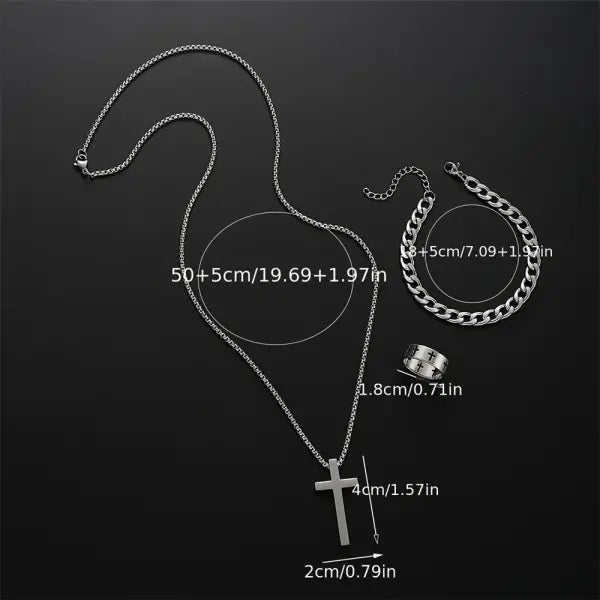 3PCS Men’s Jewelry Set – Stainless Steel Cross Pendant Necklace Bracelet & Ring Hip Hop Daily Wear