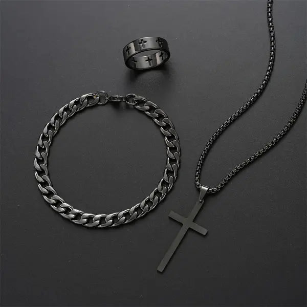 3PCS Men’s Jewelry Set – Stainless Steel Cross Pendant Necklace Bracelet & Ring Hip Hop Daily Wear