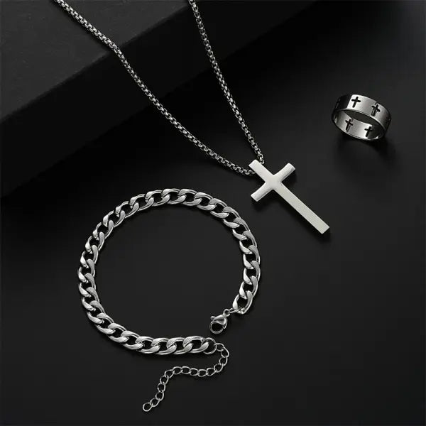 3PCS Men’s Jewelry Set – Stainless Steel Cross Pendant Necklace Bracelet & Ring Hip Hop Daily Wear - 6077701JCF