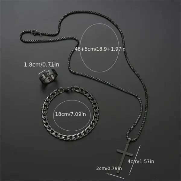 3PCS Men’s Jewelry Set – Stainless Steel Cross Pendant Necklace Bracelet & Ring Hip Hop Daily Wear