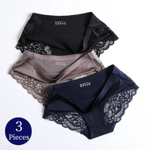 3PCS/Set Women’s Lace Underwear - Sexy Lingerie Big Size Silk Satin Briefs Soft and Cozy