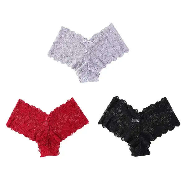 Floral Lace Panties 3-Pack Nylon Low Waist Soft Sexy Lingerie - Set 3 / M / 3pcs