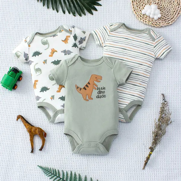 3PCS Baby Boys Summer Bodysuit Set – Cartoon Dinosaur & Stripe Pattern Button Design 0–9 Months
