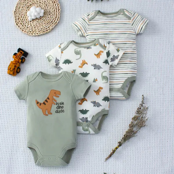 3PCS Baby Boys Summer Bodysuit Set – Cartoon Dinosaur & Stripe Pattern Button Design 0–9 Months