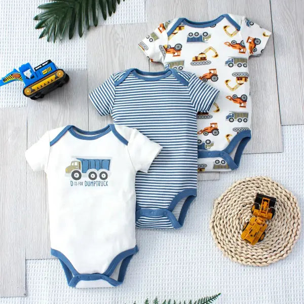 3PCS Baby Boys Summer Bodysuit Set – Cartoon Dinosaur & Stripe Pattern Button Design 0–9 Months - WHITE / 3M