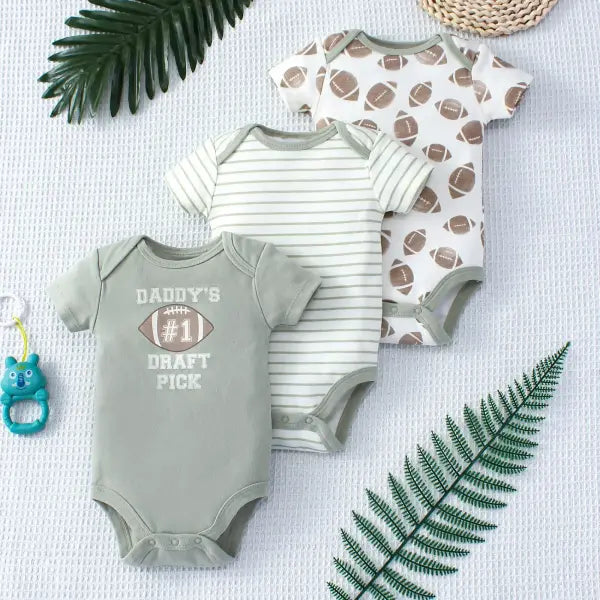 3PCS Baby Boys Summer Bodysuit Set – Cartoon Dinosaur & Stripe Pattern Button Design 0–9 Months - Light Grey / 3M