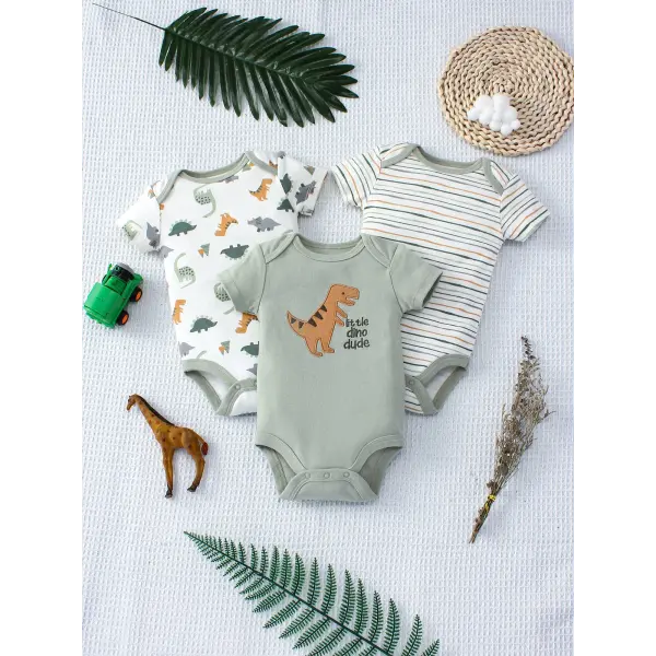 3PCS Baby Boys Summer Bodysuit Set – Cartoon Dinosaur & Stripe Pattern Button Design 0–9 Months - Mixed colors / 6M
