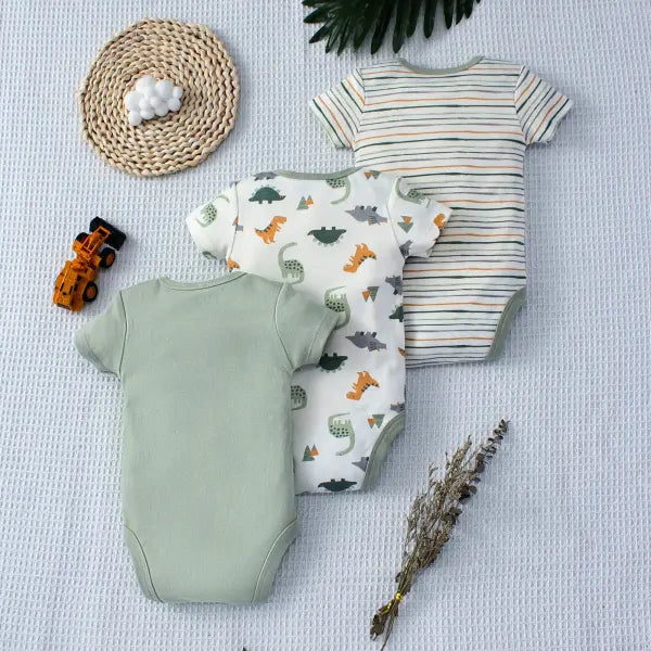 3PCS Baby Boys Summer Bodysuit Set – Cartoon Dinosaur & Stripe Pattern Button Design 0–9 Months