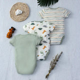 3PCS Baby Boys Summer Bodysuit Set – Cartoon Dinosaur & Stripe Pattern Button Design 0–9 Months