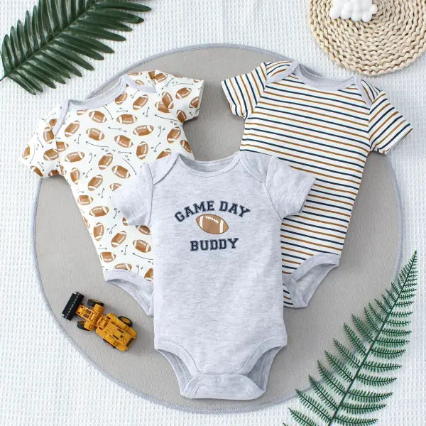 3PCS Baby Boys Summer Bodysuit Set – Cartoon Dinosaur & Stripe Pattern Button Design 0–9 Months - GRAY / 6M