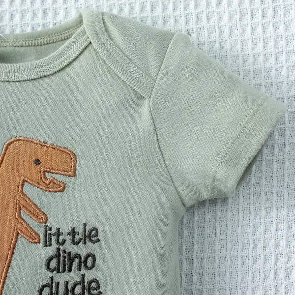 3PCS Baby Boys Summer Bodysuit Set – Cartoon Dinosaur & Stripe Pattern Button Design 0–9 Months