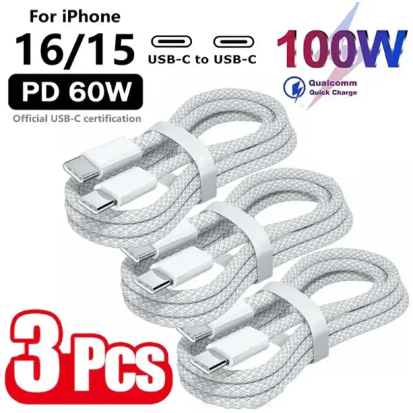 3PCS USB C Cable to USB C 100W Fast Charging Charger Cable Supports Fast Charging For iPhone 16 15 Samsung Xiaomi