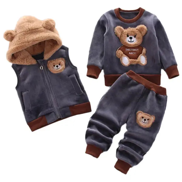 3PCS Toddler Winter Outfit – Baby Sweater Pants & Hooded Vest Set for Boys & Girls Warm Autumn Clothing - Gray / 90