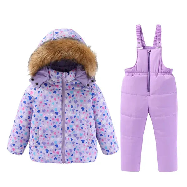 Kids Hooded Ski Suit – Warm Cotton Snowboard Jacket & Pants for Girls (4–8T) Winter Outdoor Sportswear - PURPLE / CHINA