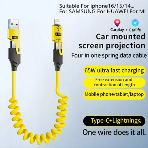 4-in-1 65W Fast Charging USB-C Cable – Zinc Alloy PD Cable - 1.5m yellow