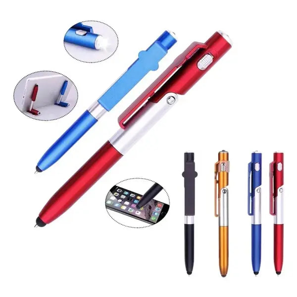4 In 1 Multifunction Ballpoint Pen with LED Light Fold Phone Holder Night Read Writing Pencil Office School Student