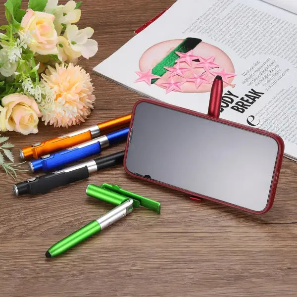 4 In 1 Multifunction Ballpoint Pen with LED Light Fold Phone Holder Night Read Writing Pencil Office School Student