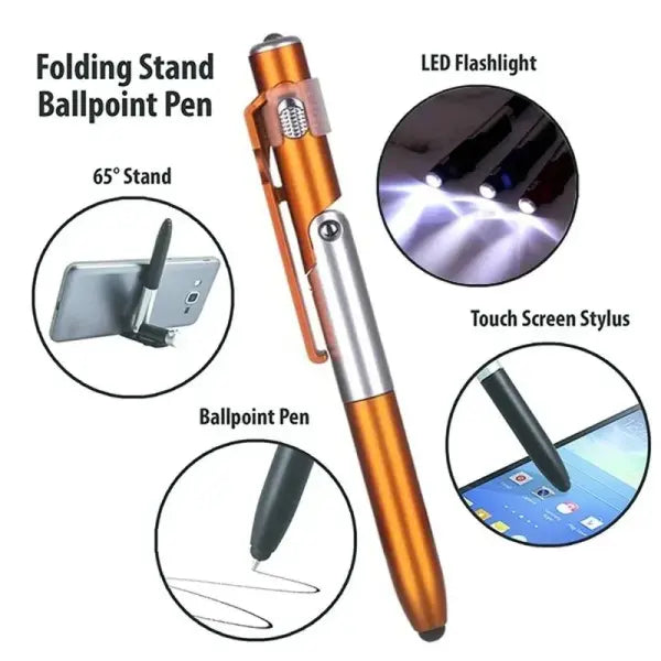 4 In 1 Multifunction Ballpoint Pen with LED Light Fold Phone Holder Night Read Writing Pencil Office School Student