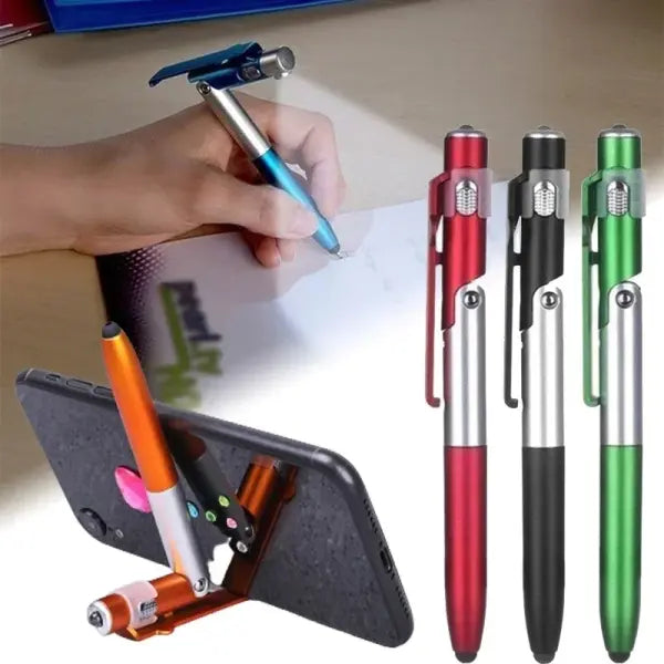 4 In 1 Multifunction Ballpoint Pen with LED Light Fold Phone Holder Night Read Writing Pencil Office School Student