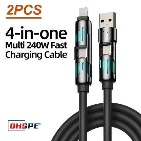 4-in-one multi 240W fast charging cable with two connectors on a white background, featuring the QHSPE brand.