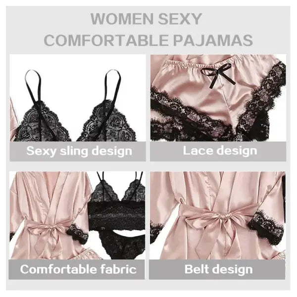 Women’s 4-Piece Silk Satin Sleepwear Set – Lace Lingerie Pajamas with Robe & Bathrobe