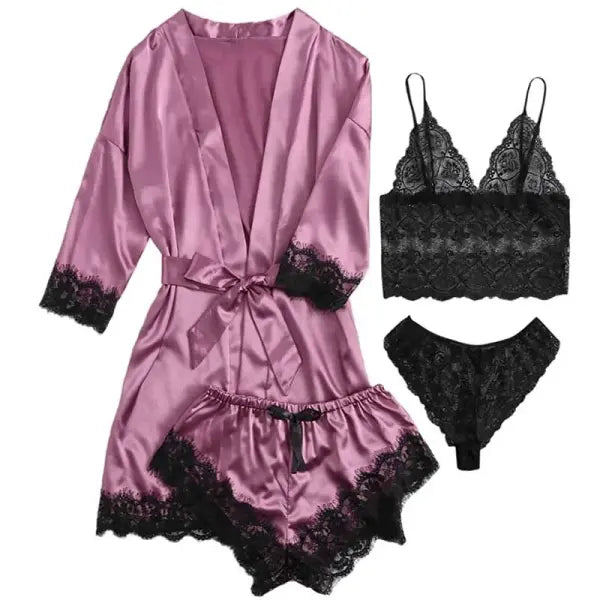 Women’s 4-Piece Silk Satin Sleepwear Set – Lace Lingerie Pajamas with Robe & Bathrobe - uA0183Purple / L