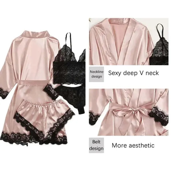 Women’s 4-Piece Silk Satin Sleepwear Set – Lace Lingerie Pajamas with Robe & Bathrobe