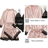 Women’s 4-Piece Silk Satin Sleepwear Set – Lace Lingerie Pajamas with Robe & Bathrobe