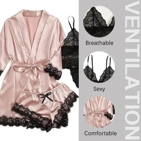Women’s 4-Piece Silk Satin Sleepwear Set – Lace Lingerie Pajamas with Robe & Bathrobe