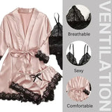 Women’s 4-Piece Silk Satin Sleepwear Set – Lace Lingerie Pajamas with Robe & Bathrobe