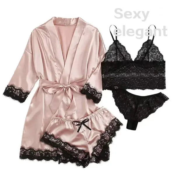 Women’s 4-Piece Silk Satin Sleepwear Set – Lace Lingerie Pajamas with Robe & Bathrobe