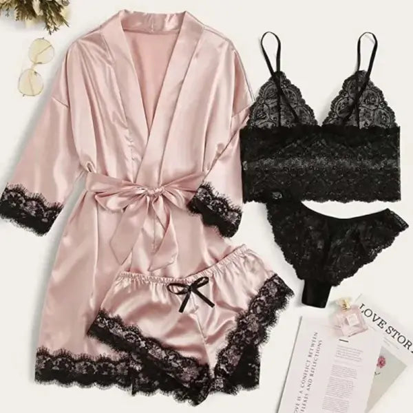 Women’s 4-Piece Silk Satin Sleepwear Set – Lace Lingerie Pajamas with Robe & Bathrobe - uA0183Pink / L