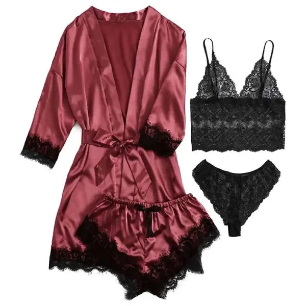 Women’s 4-Piece Silk Satin Sleepwear Set – Lace Lingerie Pajamas with Robe & Bathrobe - uA0183Red / L