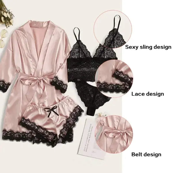 Women’s 4-Piece Silk Satin Sleepwear Set – Lace Lingerie Pajamas with Robe & Bathrobe