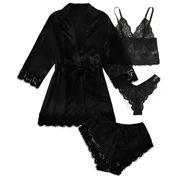 Women’s 4-Piece Silk Satin Sleepwear Set – Lace Lingerie Pajamas with Robe & Bathrobe - uA0183Black / 2XL