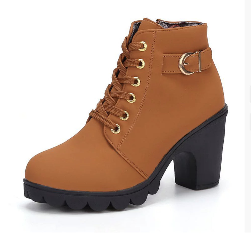 Fashoin Leopard Print Ankle Square Heel Suede Lace-up Zip Boots Women Casual Versatile Shoes Autumn And Winter - Yellow