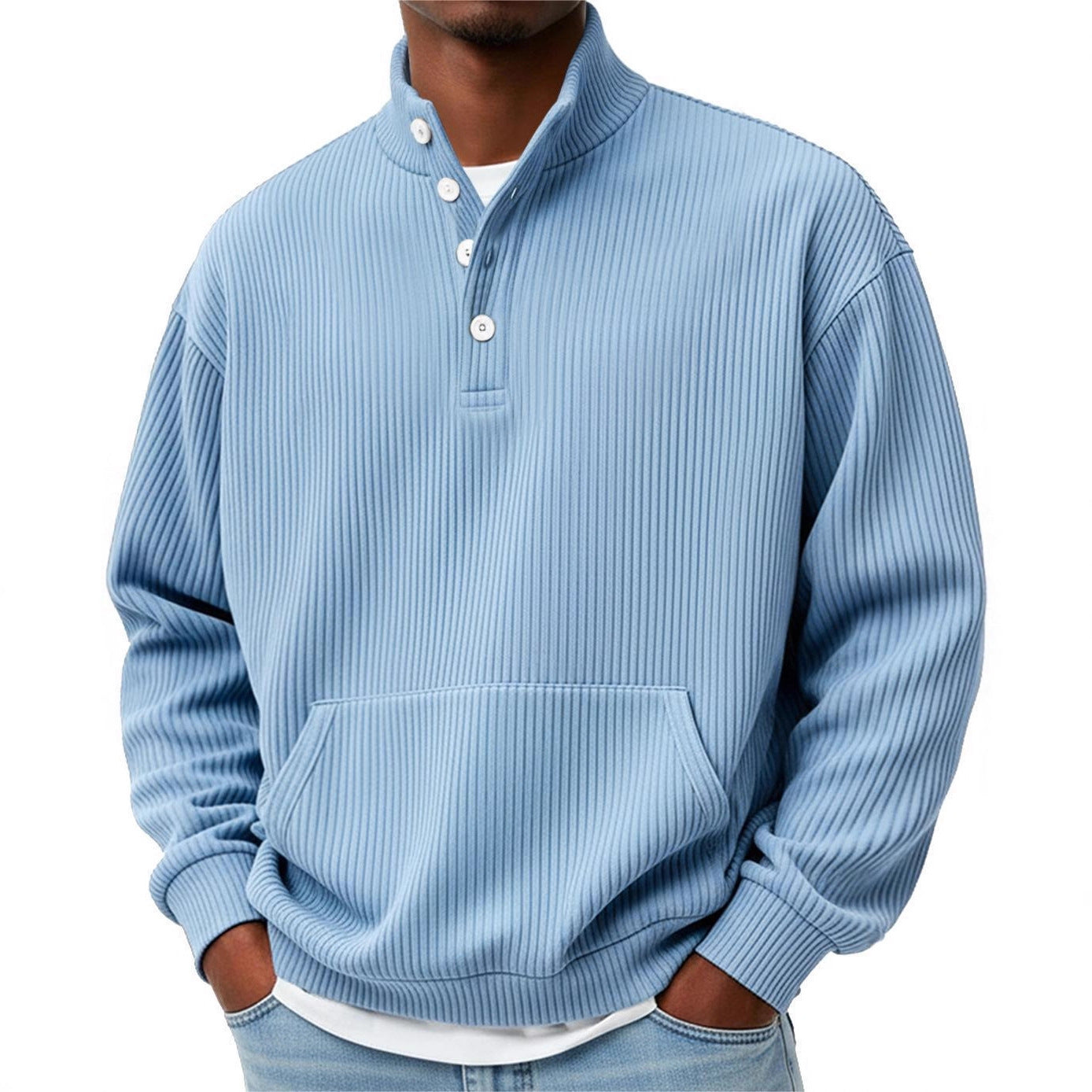 Mens Solid-Color Turtleneck Casual Long-Sleeve Polo Sweatshirt With Pockets For Men Spring Autumn Clothing Loose Button