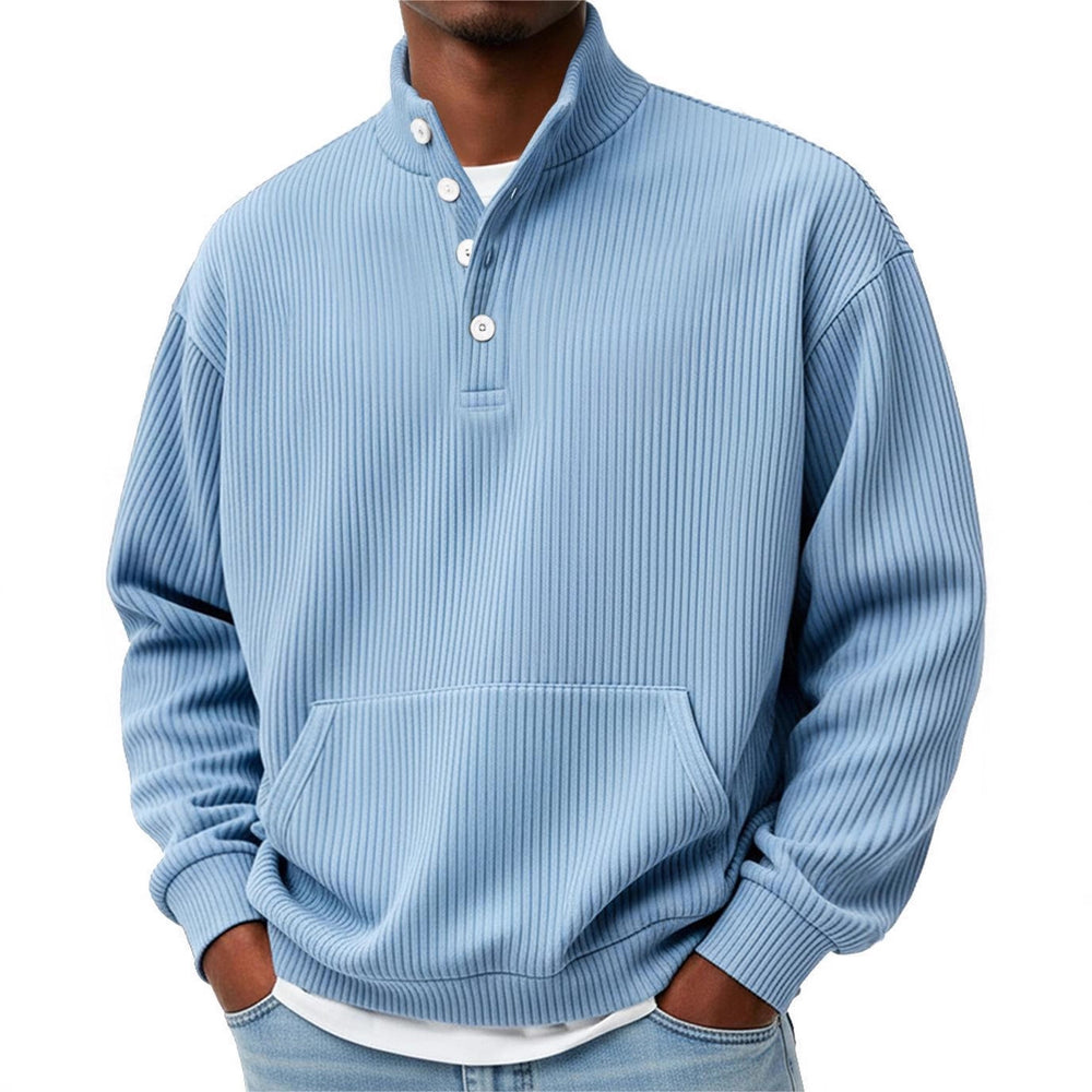 Mens Solid-Color Turtleneck Casual Long-Sleeve Polo Sweatshirt With Pockets For Men Spring Autumn Clothing Loose Button