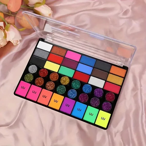 42 Colors Water Soluble Face & Body Painting Set – UV Neon Glitter for Halloween & Parties - 1 pcs