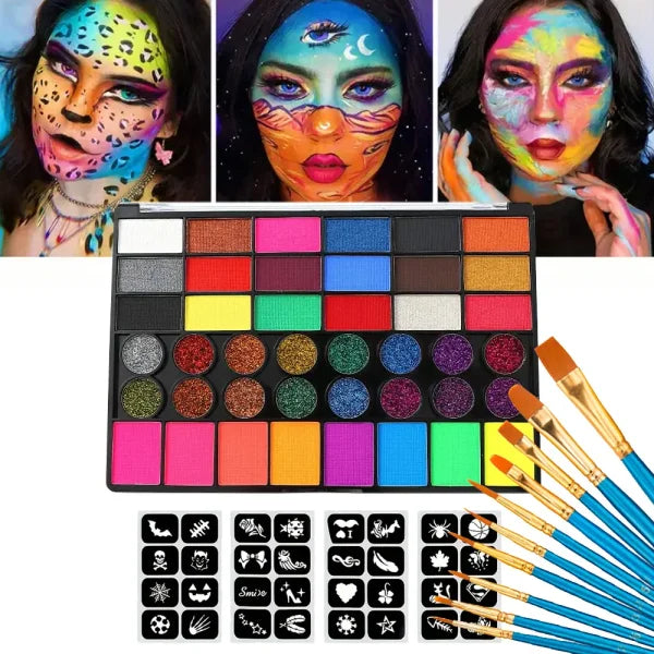 42 Colors Water Soluble Face & Body Painting Set – UV Neon Glitter for Halloween & Parties - 3 pcs